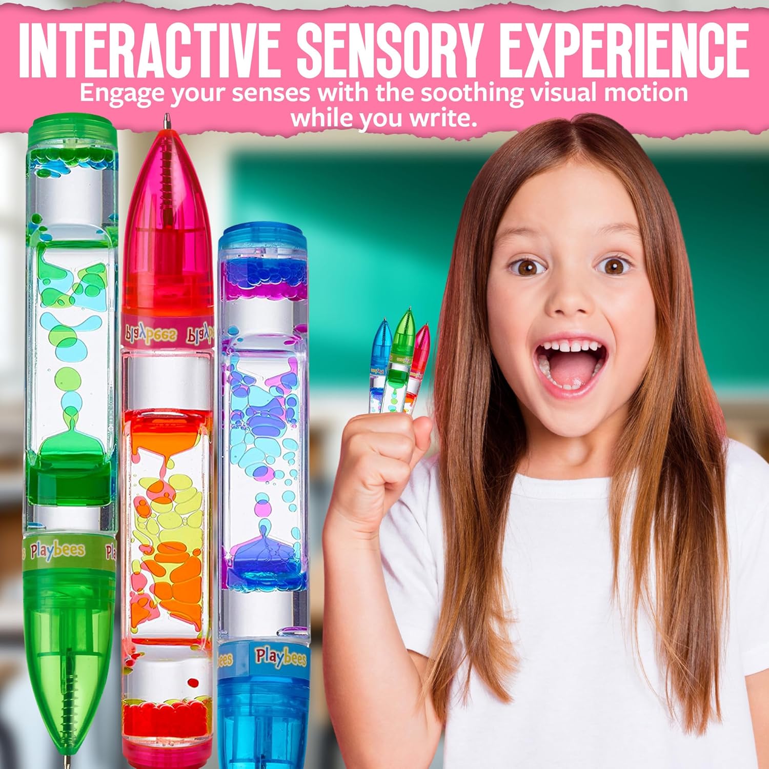 Playbees Liquid Motion Bubbler Pens Cool for Kids (6 Pack) - Writes Like a Regular Pen - Colorful Liquid Timer Pens Great for Stress and Anxiety Relief - Cool Fidget Toys for Kids and Adults