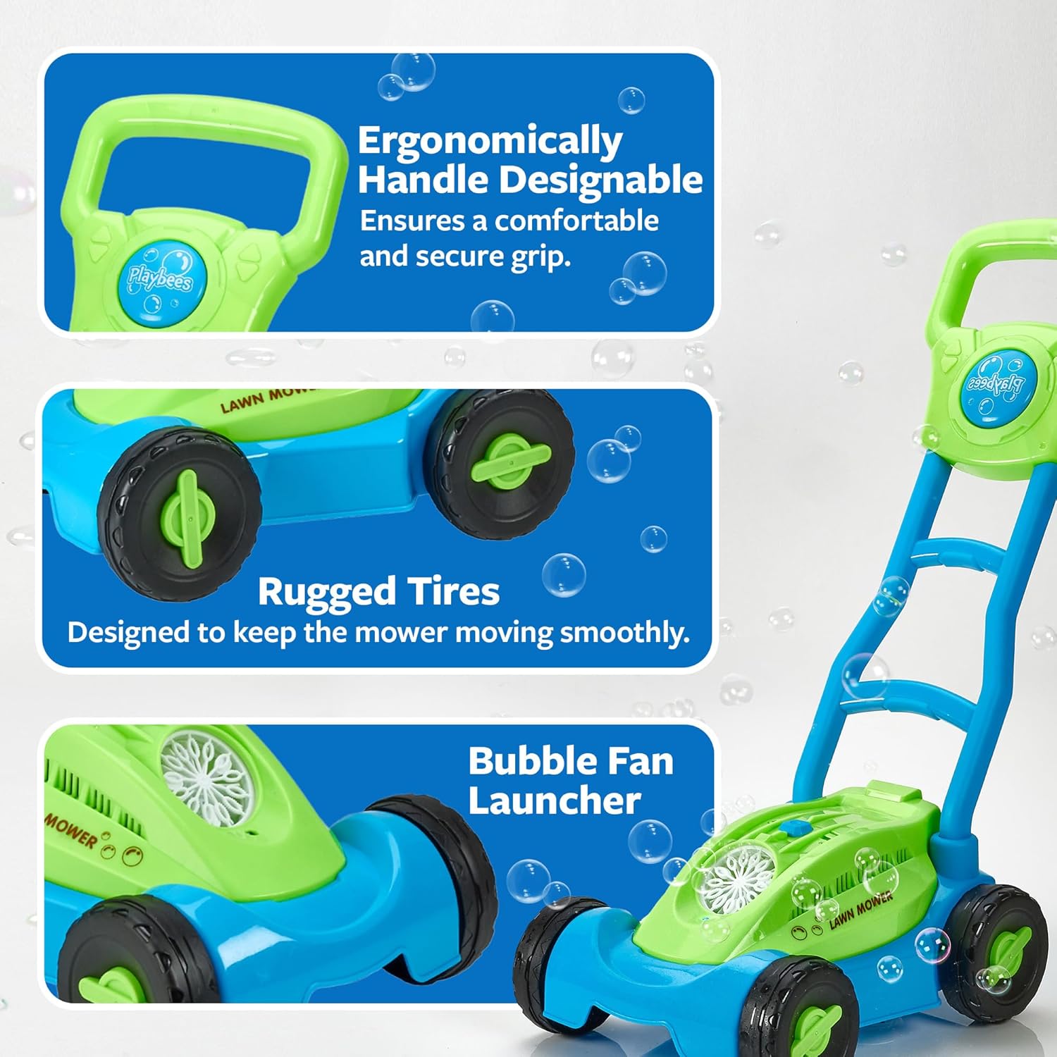 Blue/Green Playbees Bubble Lawn Mower for Toddlers1-3 Great boy Kids Push Summer Outside Garden Toy with Bubbles Amazing Toy for Summer Great Gift idea for Birthday or Preschool & Summer Gift