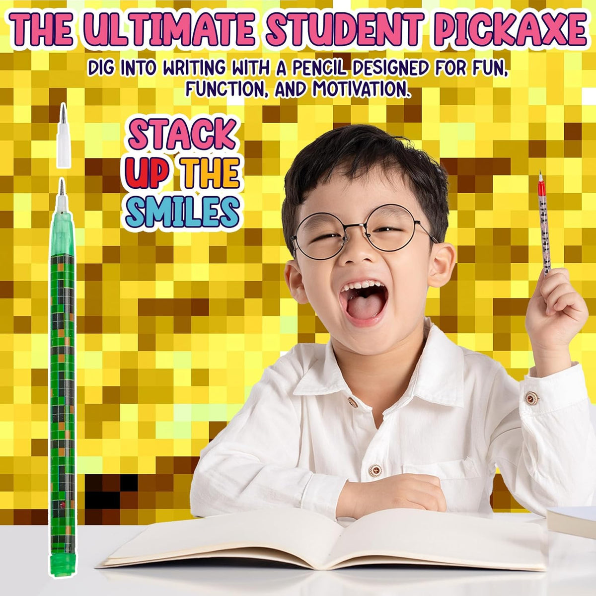 Playbees Pixel Miner Pop Pencils - 24 Pack - Translucent Multipoint Pencil Video Game Birthday Party Stackable Pre-Sharpened Classroom for Students, Teachers, Girls, Boys