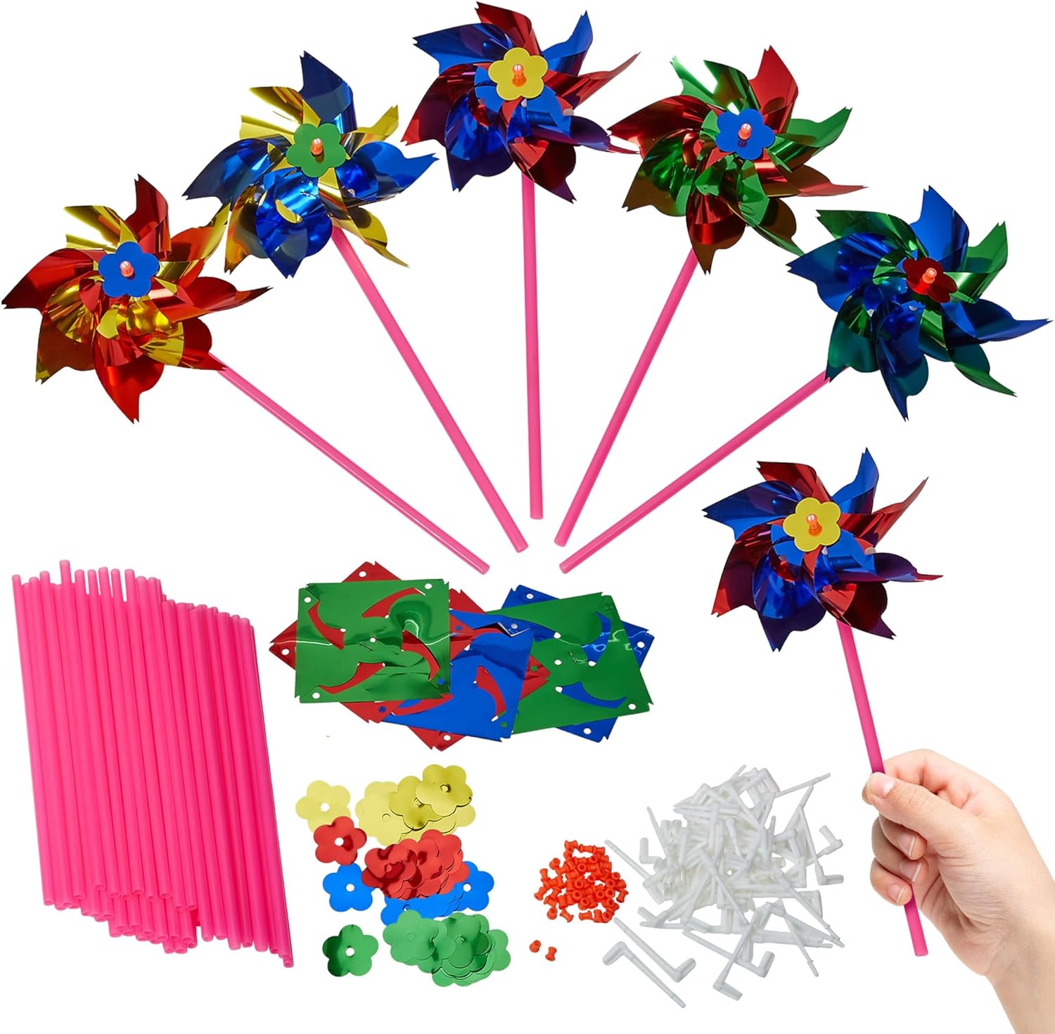 Playbees Plastic Rainbow Windmill 48 DIY Pinwheel for Kids Lawn Windmill Set for Teenagers Colorful Garden Wind Spinners Deterrent to Scare Birds Away from Yard Bird Devices Assorted Colors