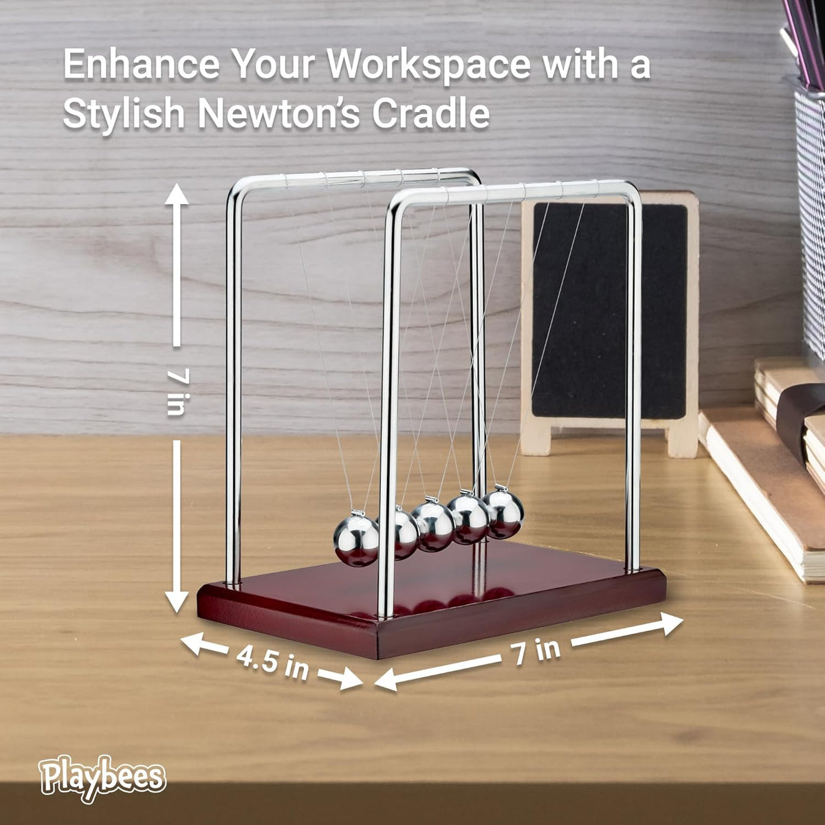 5 Beads Newton’s Cradle Balance Balls Desk Toy – Brown Wooden Base Office Decoration, Fun Science Physics Toy for Home, Bedroom, or Living Room