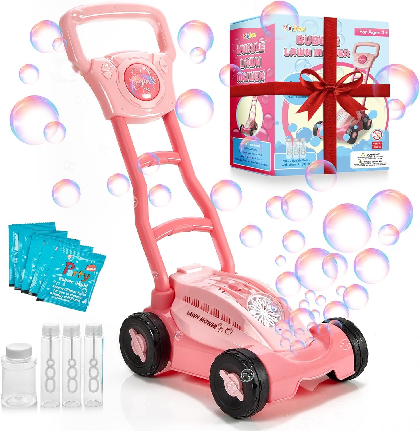 Pink Playbees Bubble Lawn Mower for Toddlers1-3 Great Girl Kids Push Summer Outside Garden Toy with Bubbles Amazing Toy for Summer Great Gift idea for Birthday or Preschool & Summer Gift