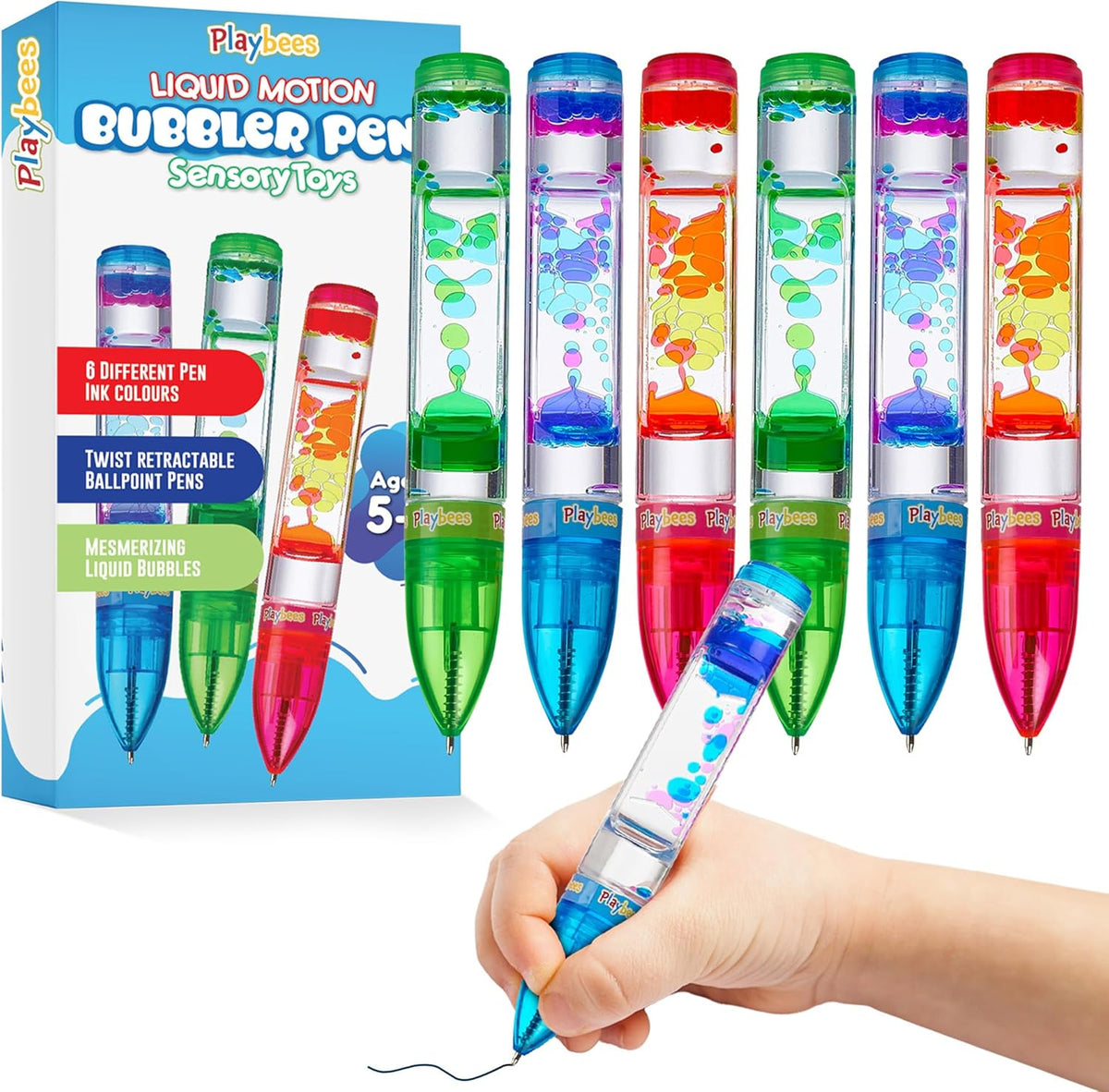 Playbees Liquid Motion Bubbler Pens Cool for Kids (6 Pack) - Writes Like a Regular Pen - Colorful Liquid Timer Pens Great for Stress and Anxiety Relief - Cool Fidget Toys for Kids and Adults