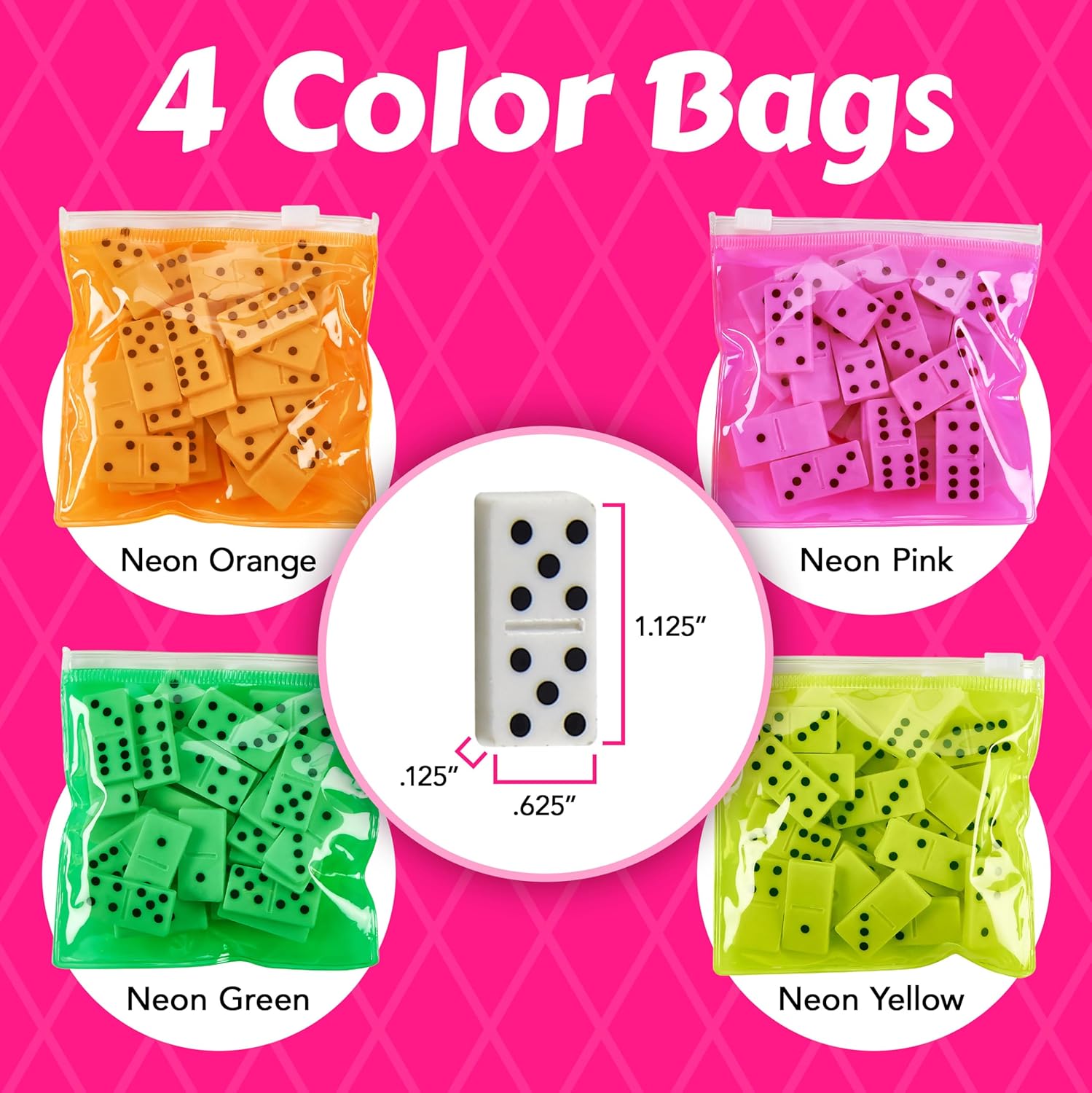 Playbees Domino Game Set Pack of 12 Each Bag includes 28 Pieces of Dominoes Set Comes with Colorful Bags Neon Pink Yellow Green and Orange - Awesome Party Favor, Educational Toys Adults & Teens