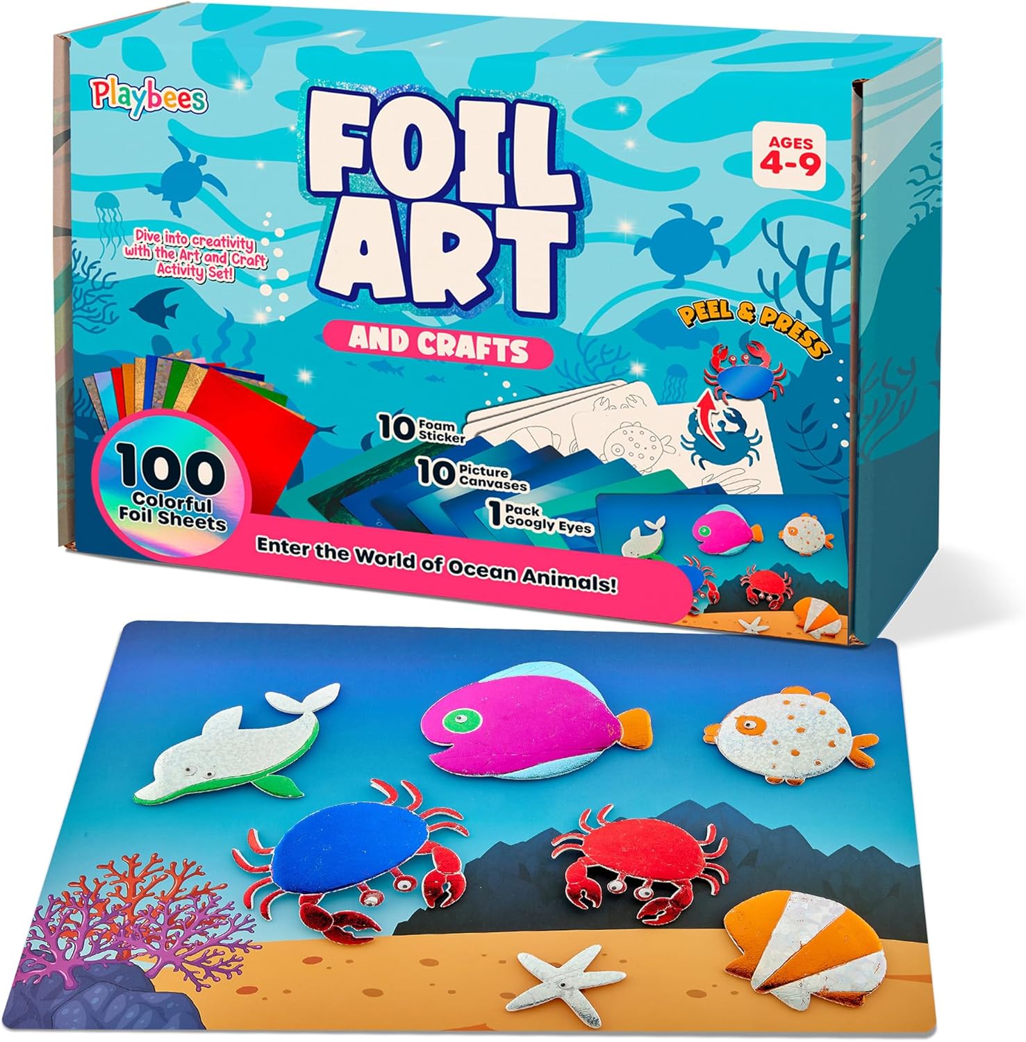 Playbees Press and Peel Foil Kit Sea Animals - Preschool Arts and Crafts Kit for Kids- No Mess Art for Boys & Girls Ages 4, 5, 6, 7, 8, 9 Years Old - DIY Creative Activity - Art & Craft Activity