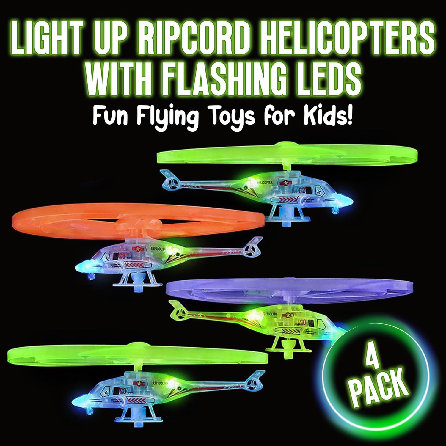 Playbees Light Up Ripcord Helicopters, 4 Pack – Fun Flying Toys for Kids with Flashing LED Lights, Perfect for Indoor and Outdoor Play, Great Gift Idea for Boys and Girls!