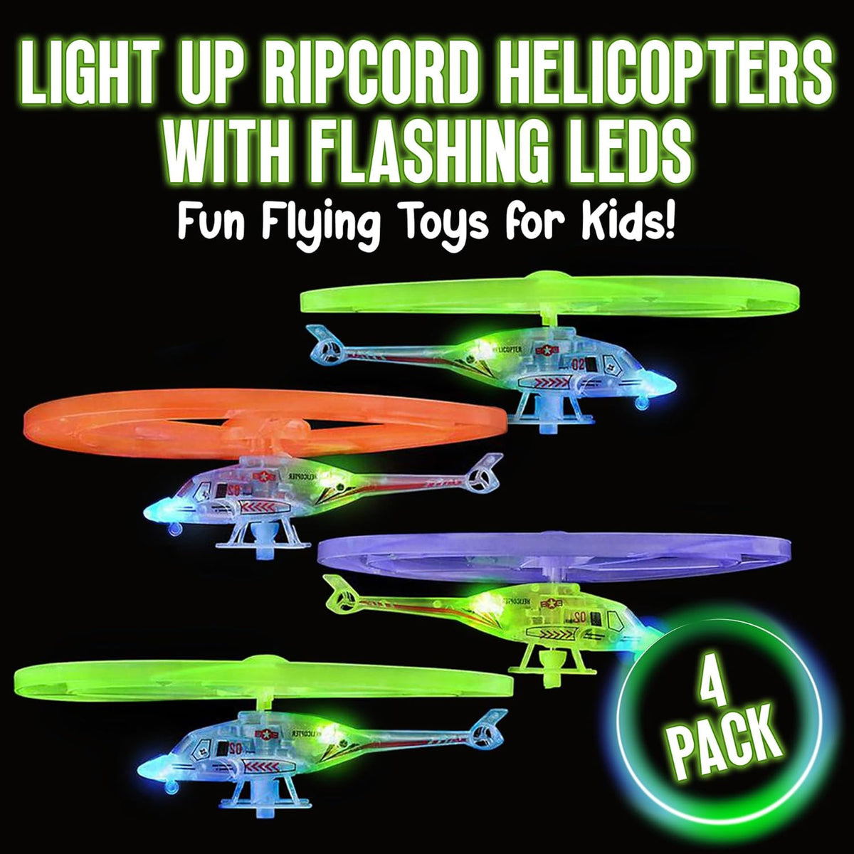 Playbees Light Up Ripcord Helicopters, 4 Pack – Fun Flying Toys for Kids with Flashing LED Lights, Perfect for Indoor and Outdoor Play, Great Gift Idea for Boys and Girls!