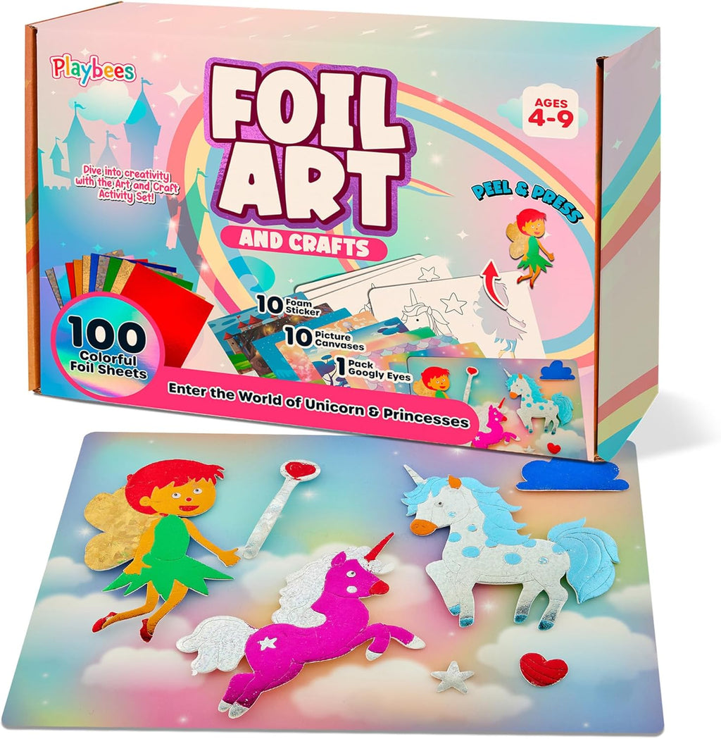 Playbees Foil Art Kit Unicorns & Princesses - Preschool Arts and Crafts Kit for Kids- No Mess Art for Boys & Girls Ages 4, 5, 6, 7, 8, 9 - DIY Creative Activity Art & Craft Activity
