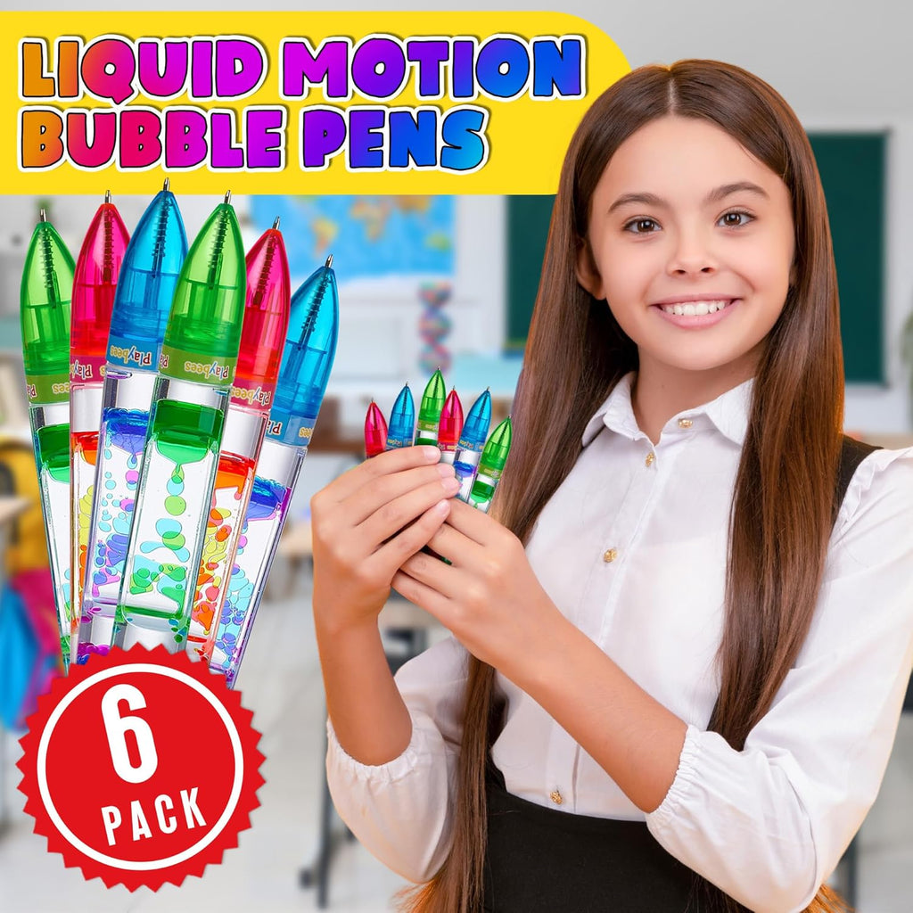 Playbees Liquid Motion Bubbler Pens Cool for Kids (6 Pack) - Writes Like a Regular Pen - Colorful Liquid Timer Pens Great for Stress and Anxiety Relief - Cool Fidget Toys for Kids and Adults