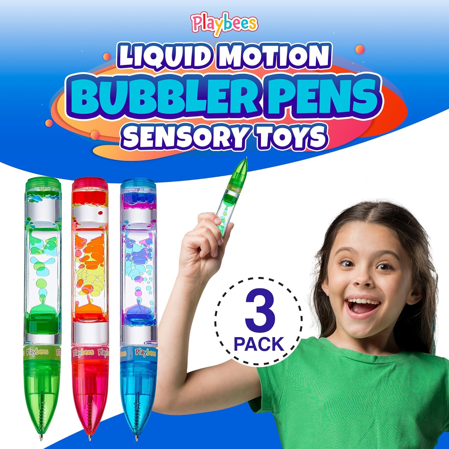 Playbees Liquid Motion Bubbler Pens Cool Pens for Kids (3 Pack) - Writes Like a Regular Pen - Colorful Liquid Timer Pens Great for Stress and Anxiety Relief - Cool Fidget Toys for Kids and Adults