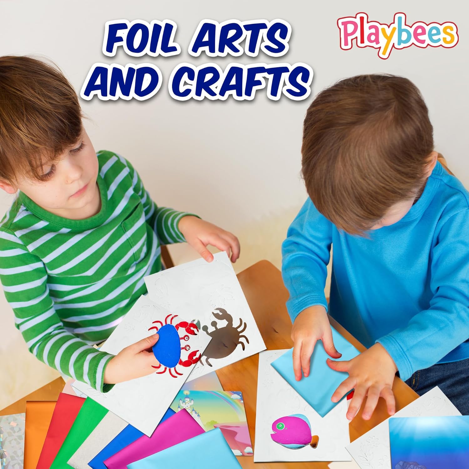 Playbees Press and Peel Foil Kit Sea Animals - Preschool Arts and Crafts Kit for Kids- No Mess Art for Boys & Girls Ages 4, 5, 6, 7, 8, 9 Years Old - DIY Creative Activity - Art & Craft Activity