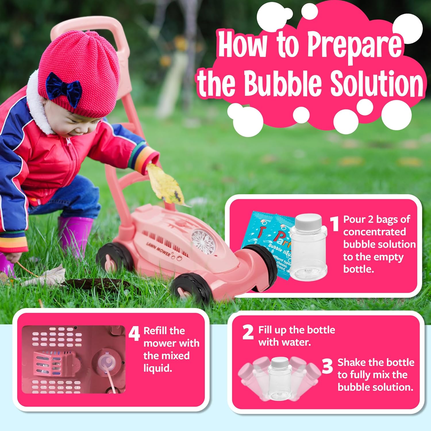 Pink Playbees Bubble Lawn Mower for Toddlers1-3 Great Girl Kids Push Summer Outside Garden Toy with Bubbles Amazing Toy for Summer Great Gift idea for Birthday or Preschool & Summer Gift