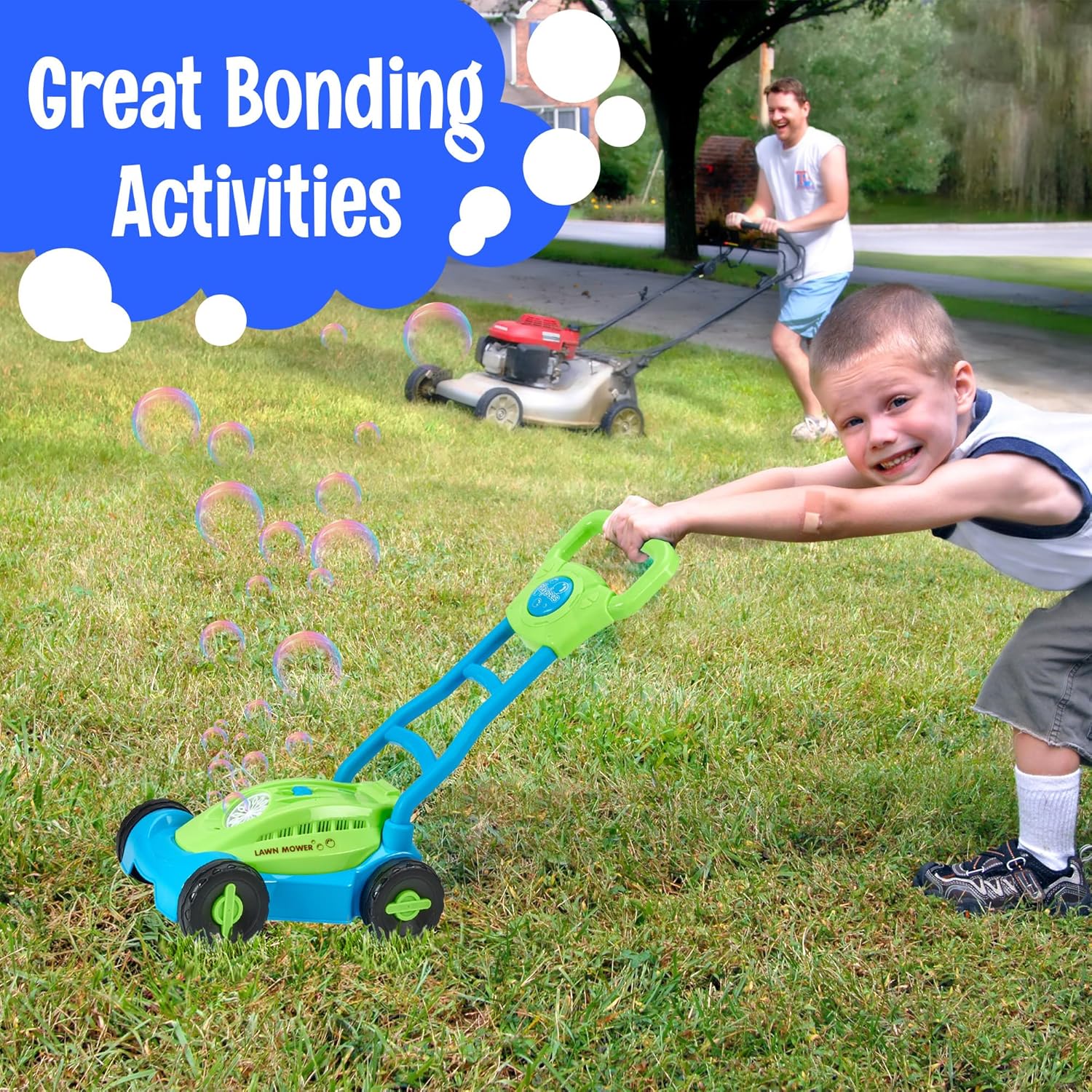 Blue/Green Playbees Bubble Lawn Mower for Toddlers1-3 Great boy Kids Push Summer Outside Garden Toy with Bubbles Amazing Toy for Summer Great Gift idea for Birthday or Preschool & Summer Gift