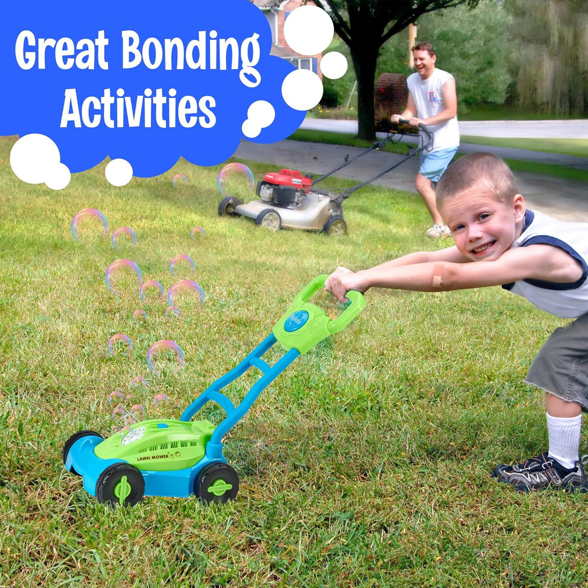 Blue/Green Playbees Bubble Lawn Mower for Toddlers1-3 Great boy Kids Push Summer Outside Garden Toy with Bubbles Amazing Toy for Summer Great Gift idea for Birthday or Preschool & Summer Gift