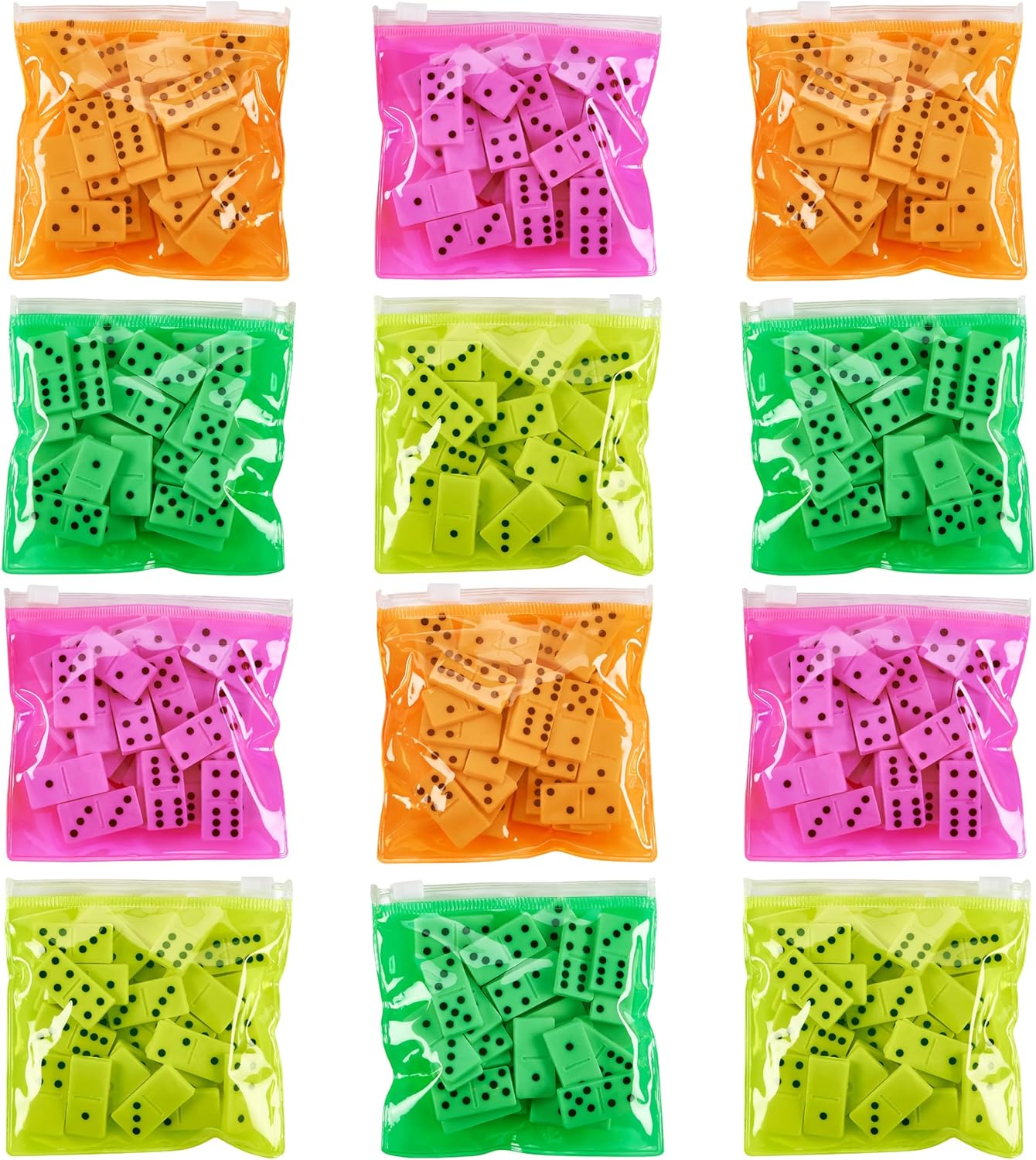 Playbees Domino Game Set Pack of 12 Each Bag includes 28 Pieces of Dominoes Set Comes with Colorful Bags Neon Pink Yellow Green and Orange - Awesome Party Favor, Educational Toys Adults & Teens