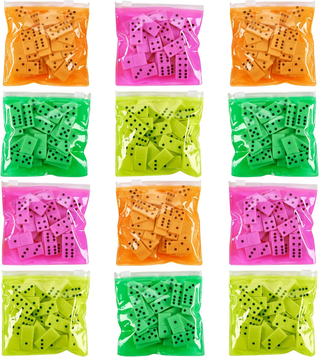 Playbees Domino Game Set Pack of 12 Each Bag includes 28 Pieces of Dominoes Set Comes with Colorful Bags Neon Pink Yellow Green and Orange - Awesome Party Favor, Educational Toys Adults & Teens