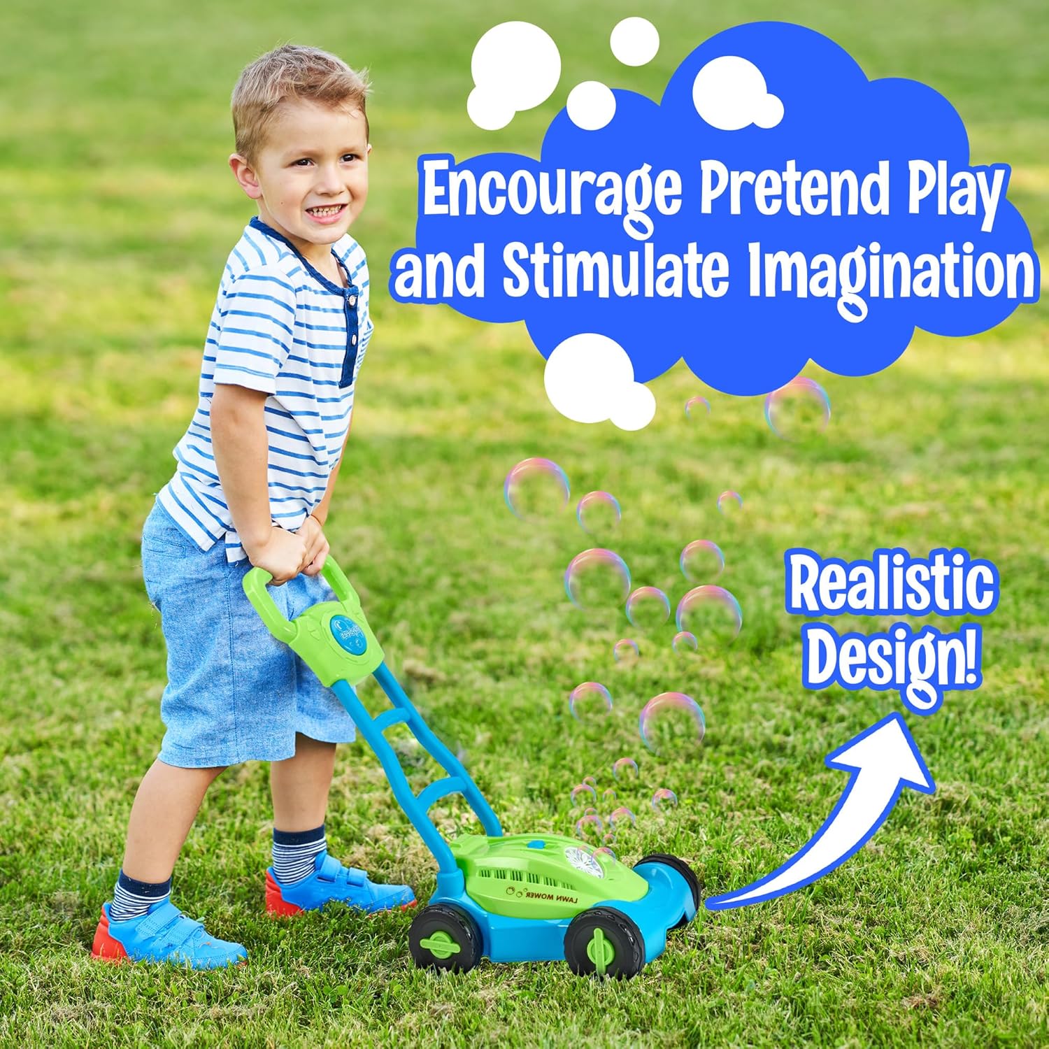 Blue/Green Playbees Bubble Lawn Mower for Toddlers1-3 Great boy Kids Push Summer Outside Garden Toy with Bubbles Amazing Toy for Summer Great Gift idea for Birthday or Preschool & Summer Gift
