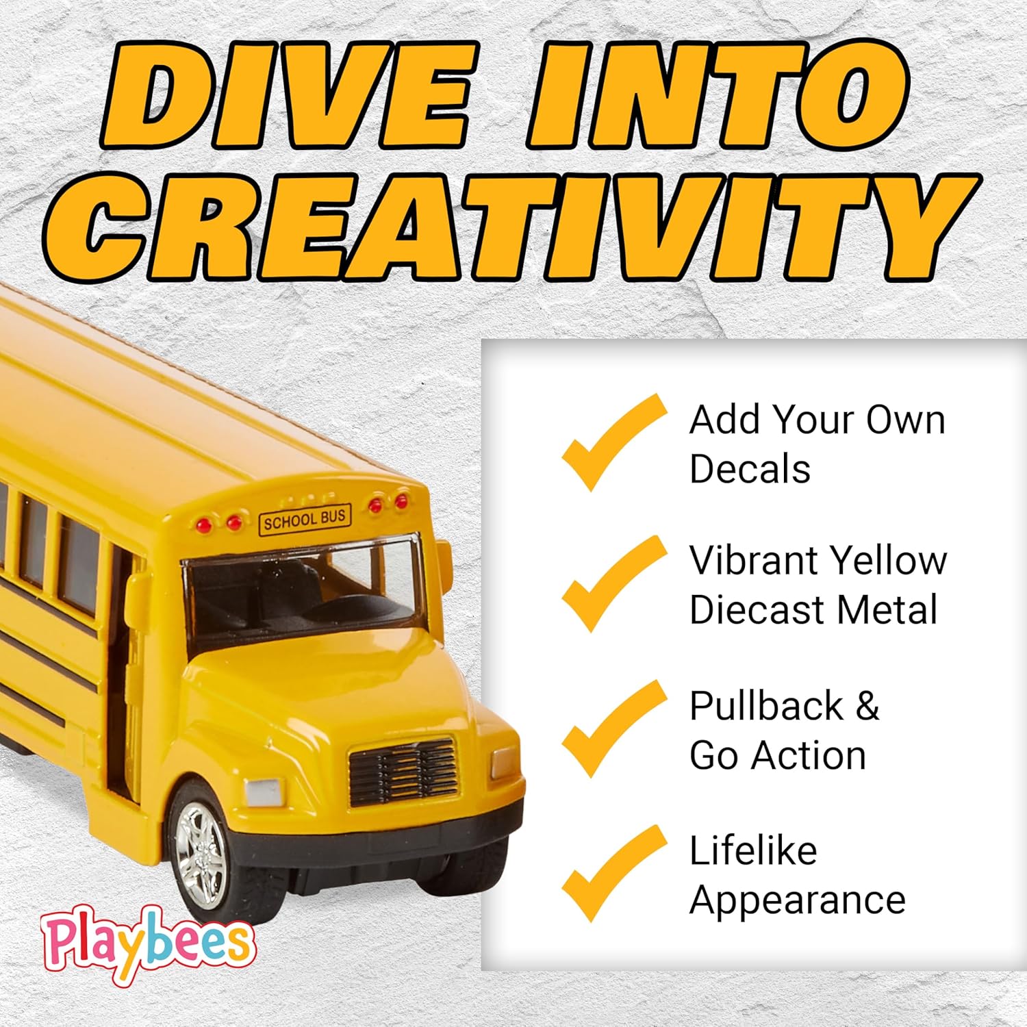 Playbees Long-Nose School Bus Die Cast Metal Model Toy Car 6 Inches with Pullback Action Durable Pull Back Car Door Opening & Closing Realistic School Bus - Great for Gifts, Birthdays, Boys & Girls