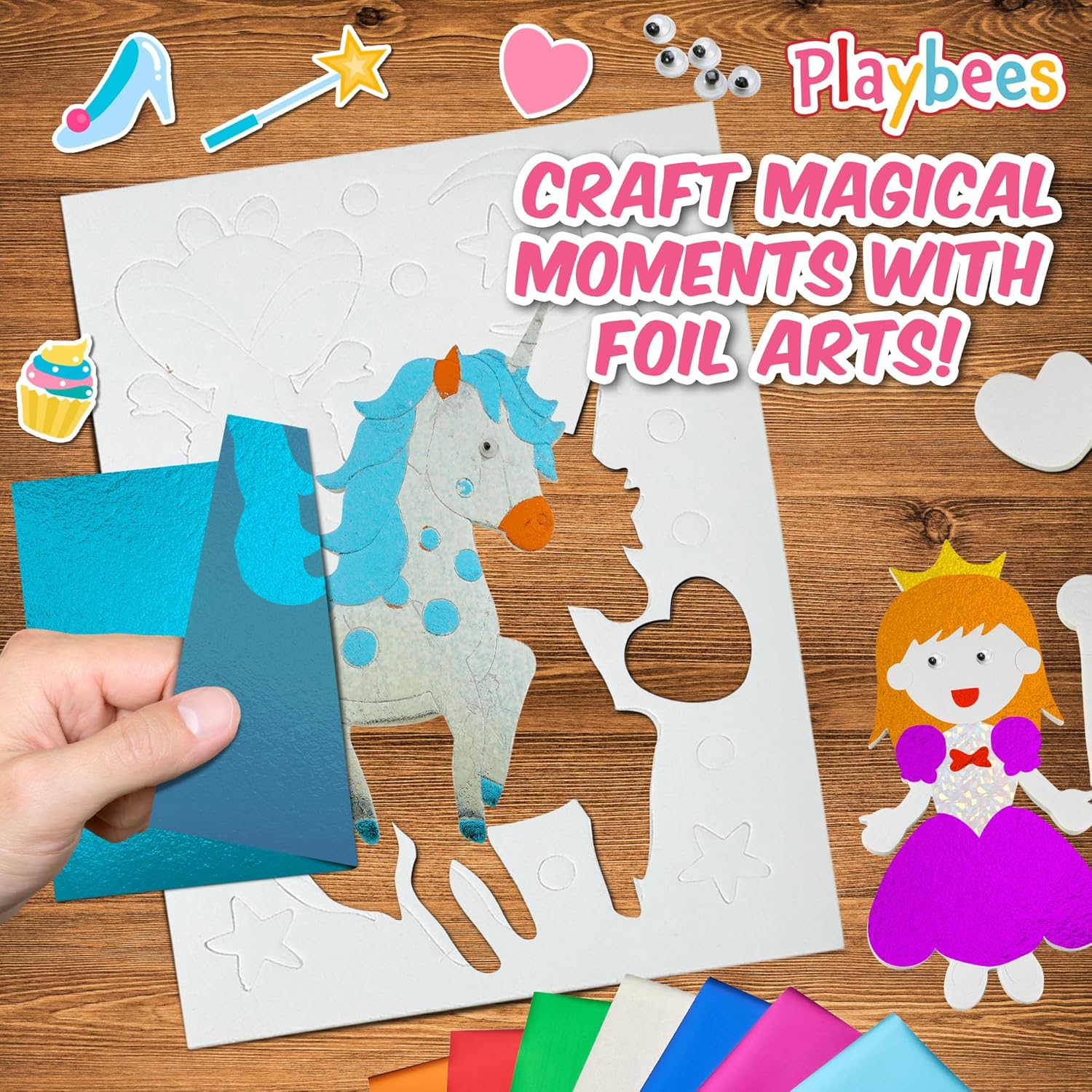 Playbees Foil Art Kit Unicorns & Princesses - Preschool Arts and Crafts Kit for Kids- No Mess Art for Boys & Girls Ages 4, 5, 6, 7, 8, 9 - DIY Creative Activity Art & Craft Activity