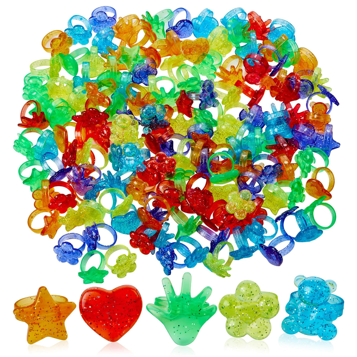 Glitter Plastic Toy Rings, Bulk Cupcake Toppers & Pinata Fillers, 144 Pack