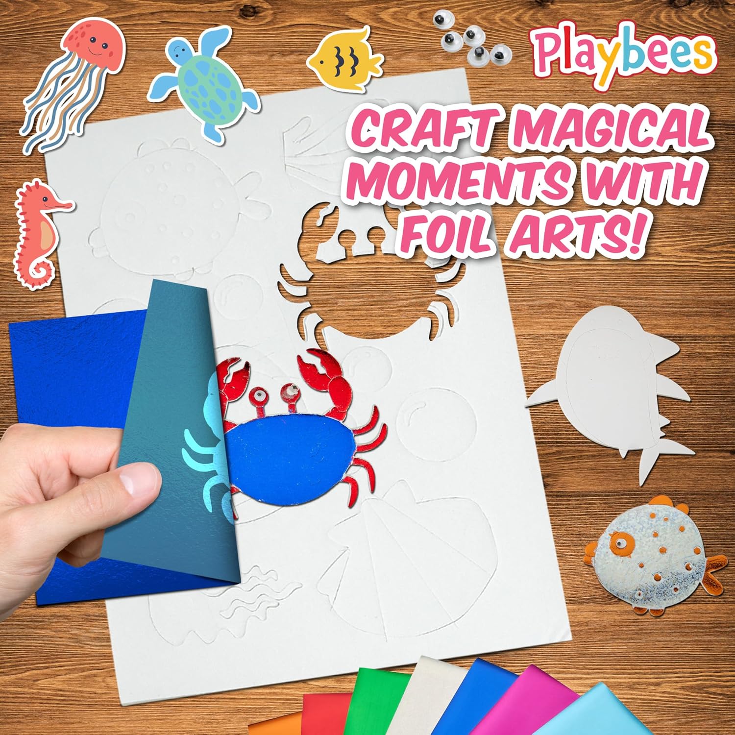 Playbees Press and Peel Foil Kit Sea Animals - Preschool Arts and Crafts Kit for Kids- No Mess Art for Boys & Girls Ages 4, 5, 6, 7, 8, 9 Years Old - DIY Creative Activity - Art & Craft Activity