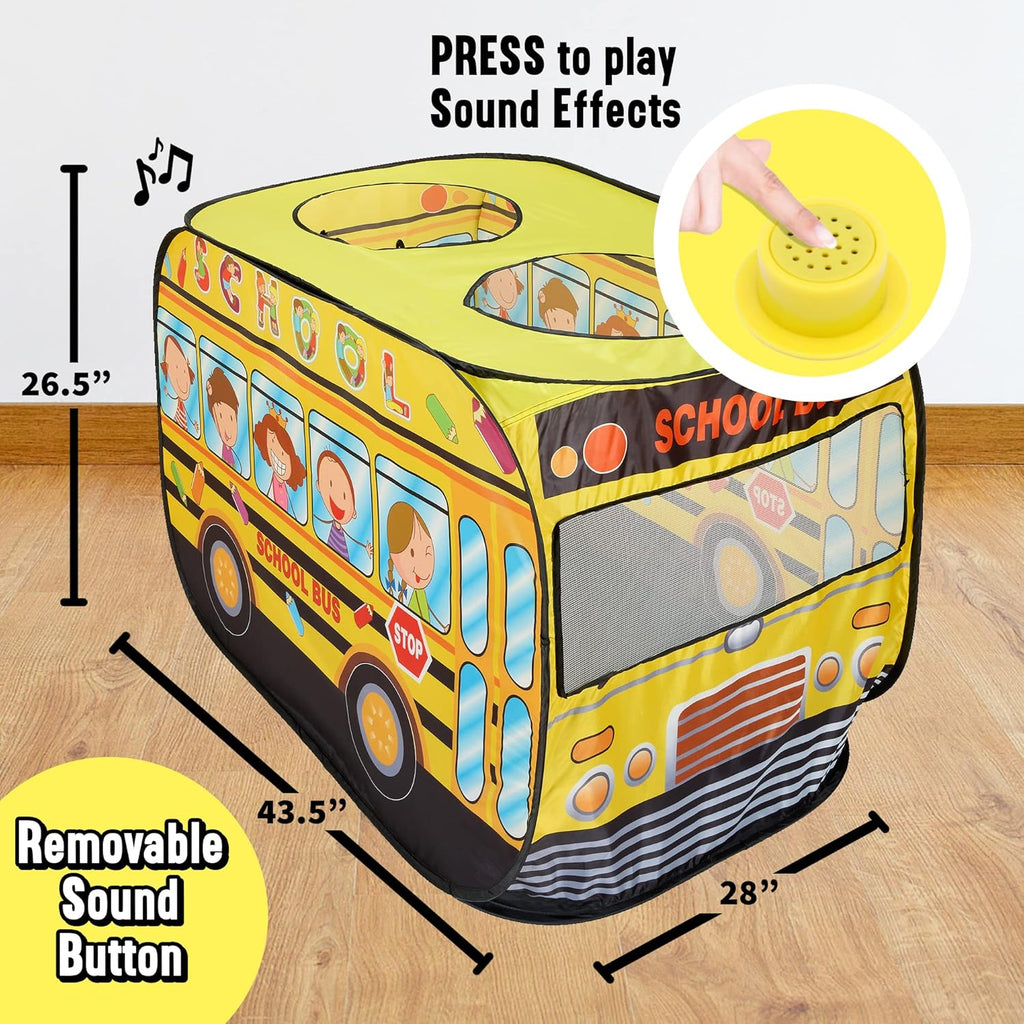 Playbees Musical School Bus Pop Up Play Tent with 3 Openings - Tent for Toddlers - Indoor & Outdoor - Pop Up Tents for Kids - Includes Carry Bag and Sound Button- 43.5x28x26.5 Inch