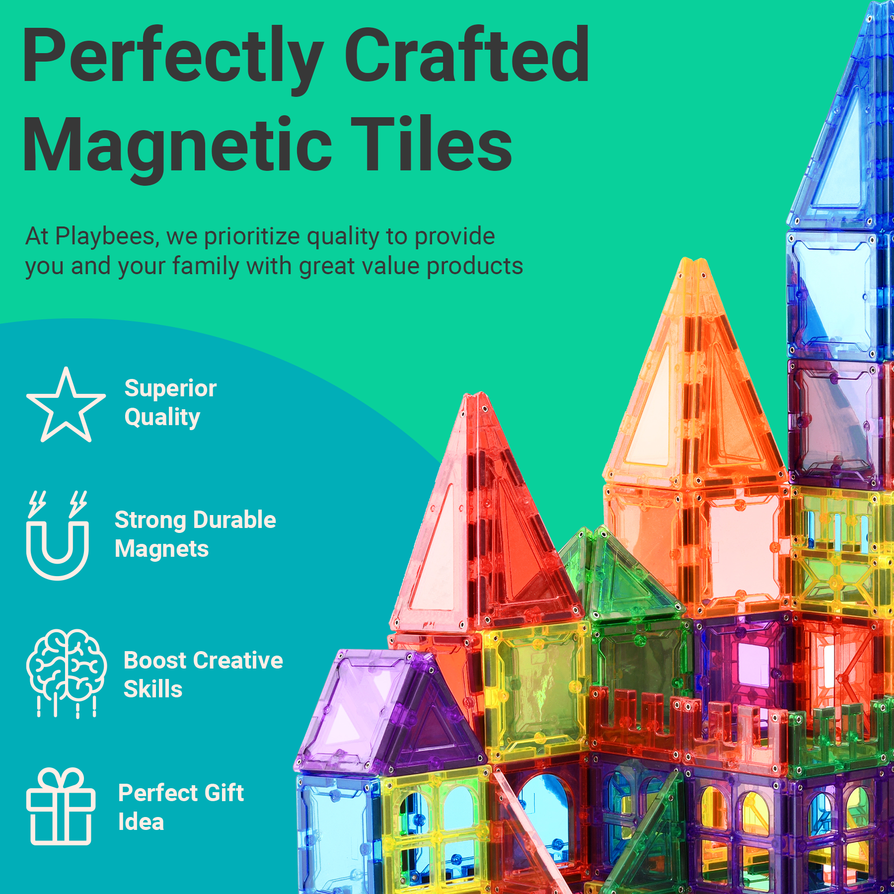 Magnetic Building Tiles 100 Piece Set With Car - Magnet Tiles for Kids Ages 4-8, Building Block Set