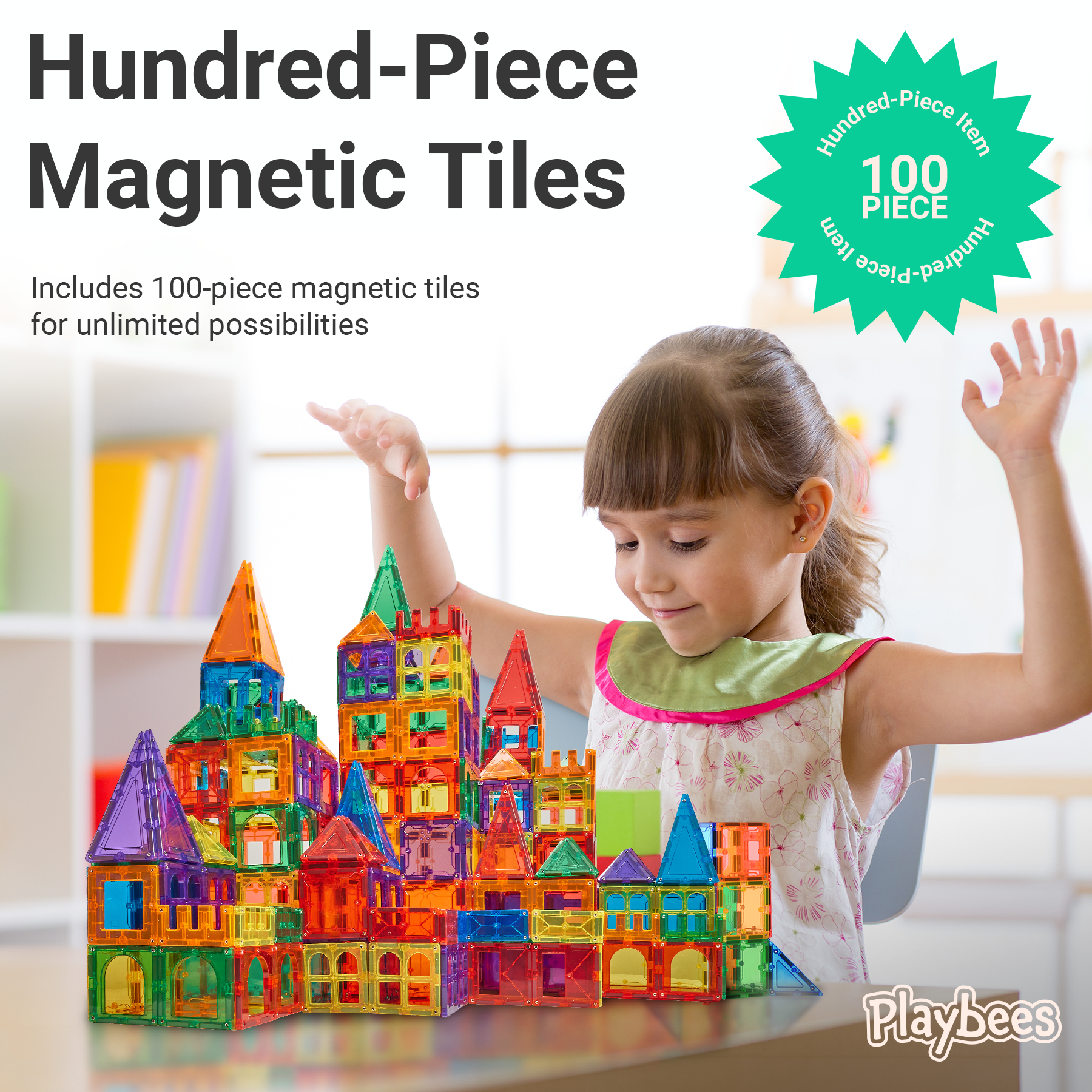 Magnetic Building Tiles 100 Piece Set With Car - Magnet Tiles for Kids Ages 4-8, Building Block Set