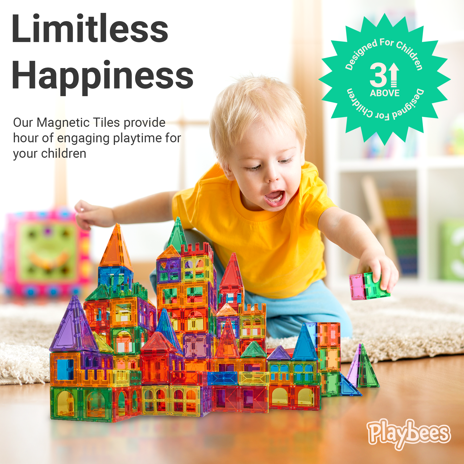 Magnetic Building Tiles 100 Piece Set With Car - Magnet Tiles for Kids Ages 4-8, Building Block Set