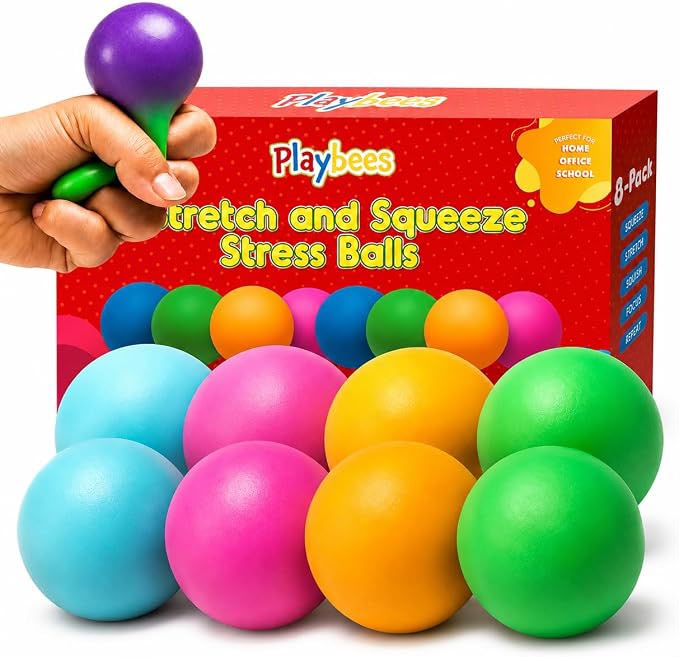 Playbees Pull, Stretch & Squeeze Stress Balls – 4 Balls – Elastic Sensory Balls for Stress & Anxiety Relief – Calming Fidgets for Kids & Adults – Assorted Color Balls for Autism, ADHD & Classroom Use