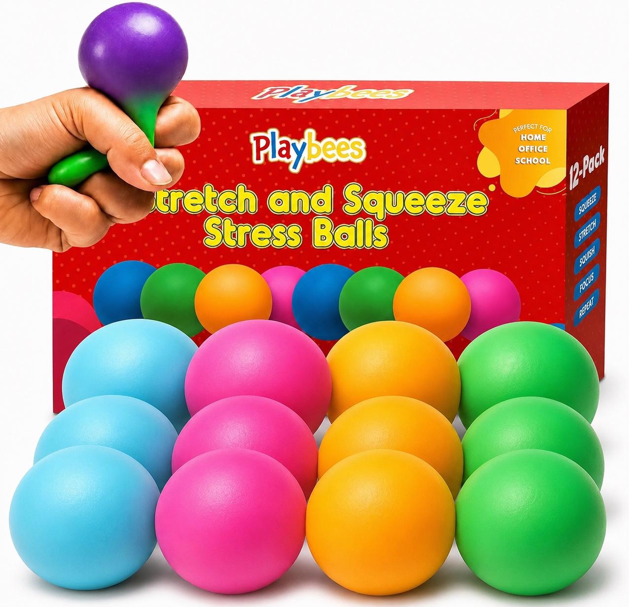 Playbees Pull, Stretch & Squeeze Stress Balls – 12 Balls – Elastic Sensory Balls for Stress & Anxiety Relief – Calming Fidgets for Kids & Adults – Assorted Color Balls for Autism, ADHD & Classroom Use