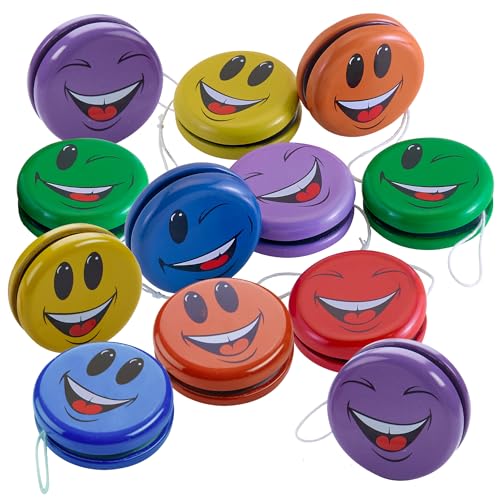 Yo-Yos for Kids with Smiley Faces - 12 Pack - 2-Inch Emoticon Metal Yoyos - Yoyo Bulk Party Favors and Yo Yos for Kids Beginners - Assorted Colors