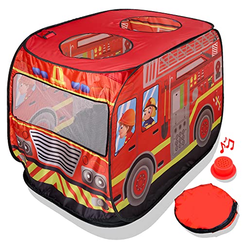 Musical Fire Truck Pop Up Play Tent with 3 Openings, Carry Bag, and Sound Button - Red Fire Engine Pretend Playhouse